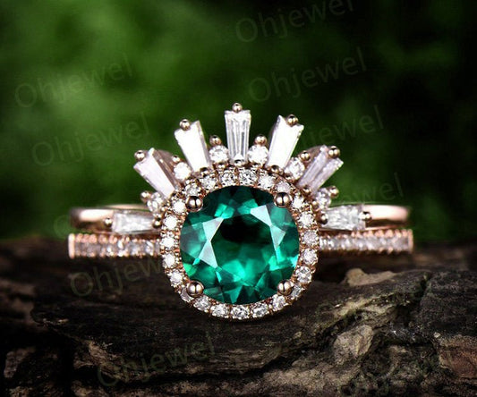 1.2ct emerald engagement ring set rose gold 14K/18K emerald ring gold set Crown matching halo diamond wedding ring band may birthstone ring