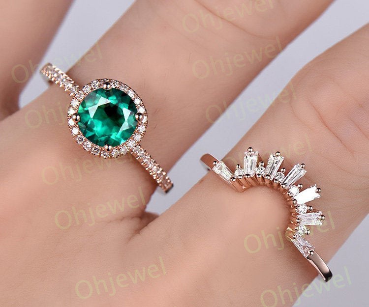 1.2ct emerald engagement ring set rose gold 14K/18K emerald ring gold set Crown matching halo diamond wedding ring band may birthstone ring