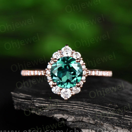 Green emerald engagement ring rose gold 14K/18K moissanite halo ring emerald ring vintage may birthstone unique wedding promise bridal ring