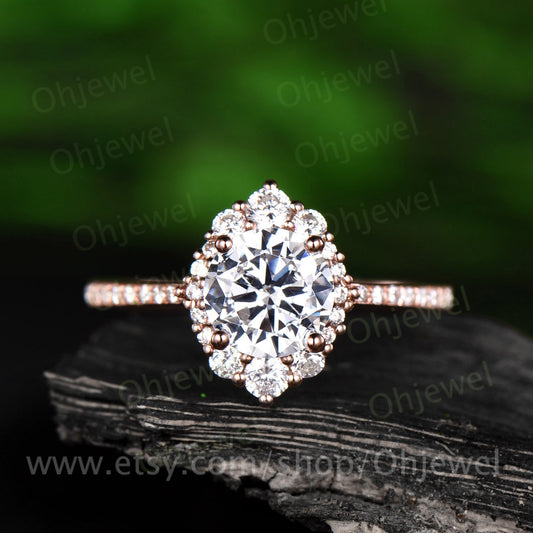 1ct brilliant moissanite engagement ring rose gold 14K/18K vintage moissanite halo ring for women jewelry unique gift half eternity ring