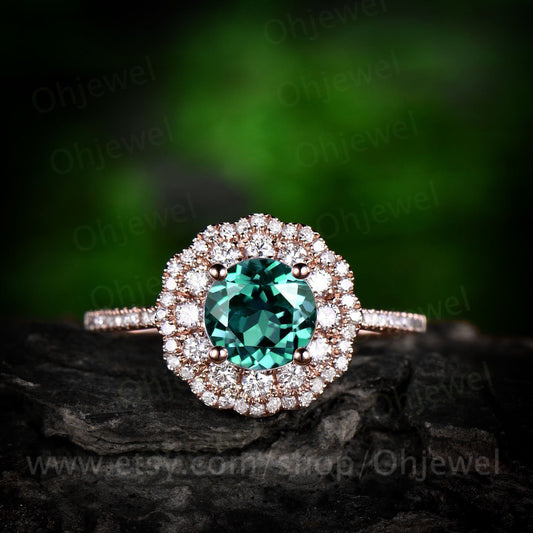 Green emerald engagement ring rose gold 14K/18K moissanite double halo ring emerald ring vintage may birthstone wedding ring fine jewelry