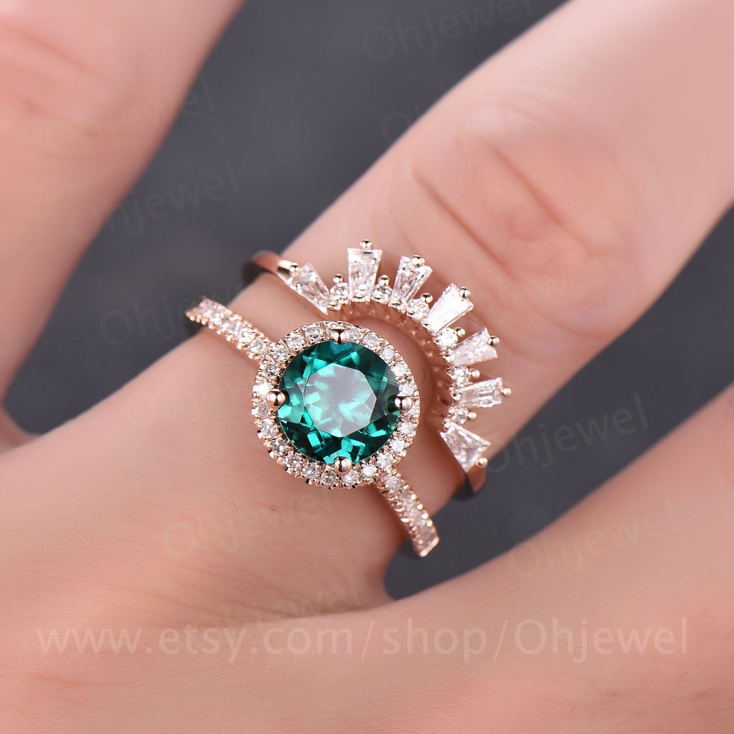 1.2ct emerald engagement ring set rose gold 14K/18K emerald ring gold set Crown matching halo diamond wedding ring band may birthstone ring