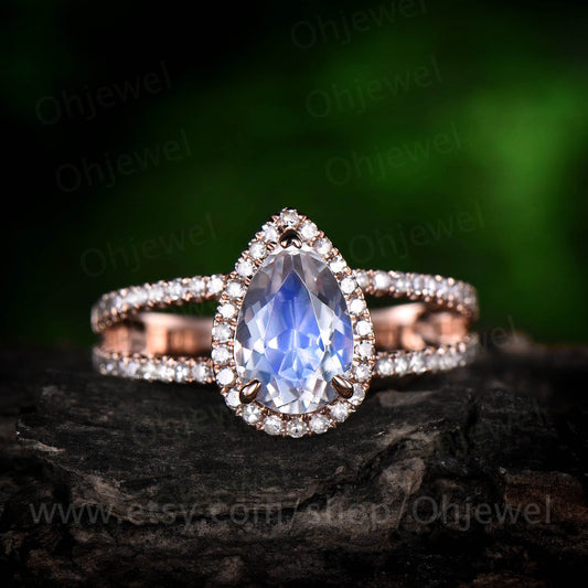 6x9mm natural moonstone ring moonstone engagement ring rose gold 14K/18K diamond halo ring split shank vintage wedding promise bridal ring