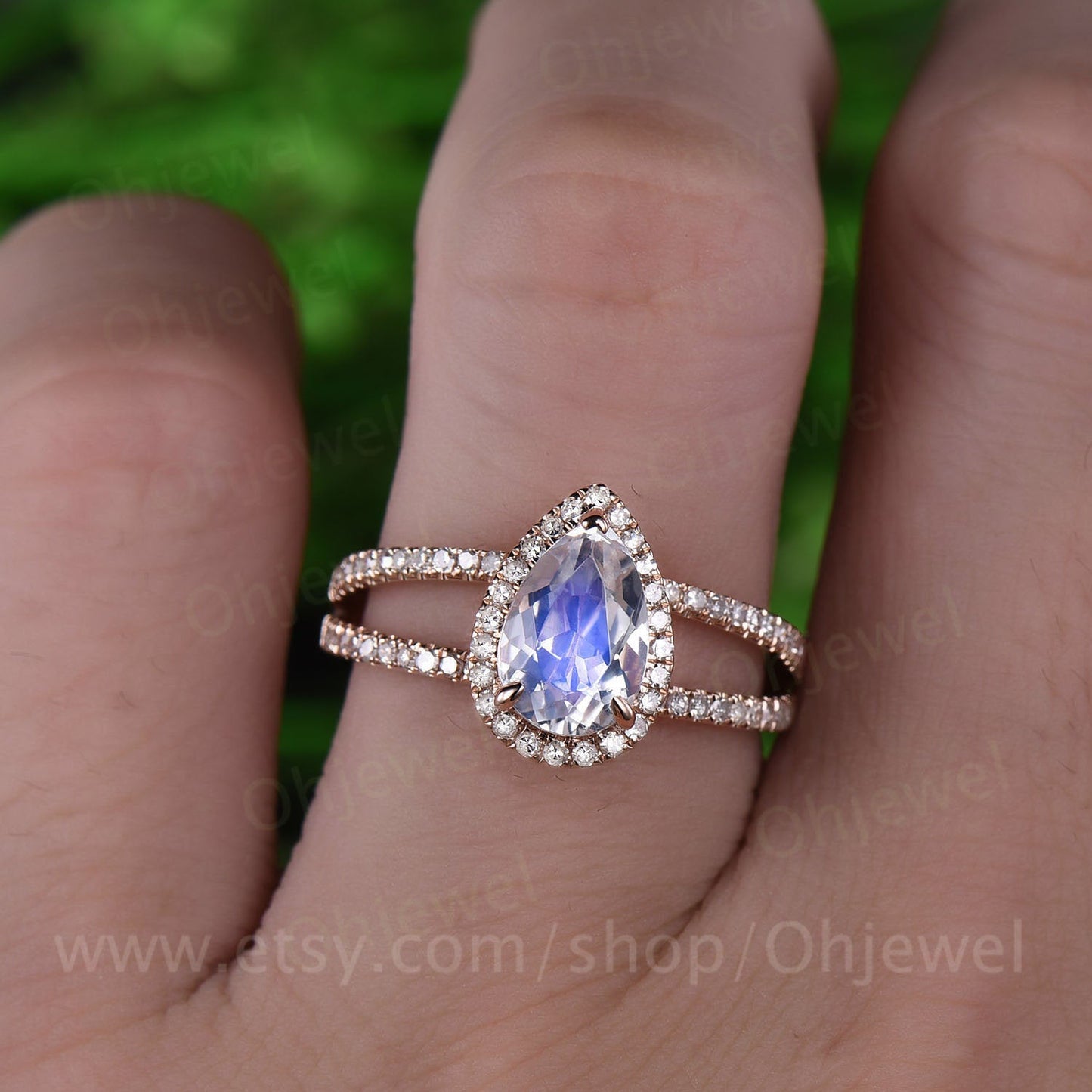 6x9mm natural moonstone ring moonstone engagement ring rose gold 14K/18K diamond halo ring split shank vintage wedding promise bridal ring