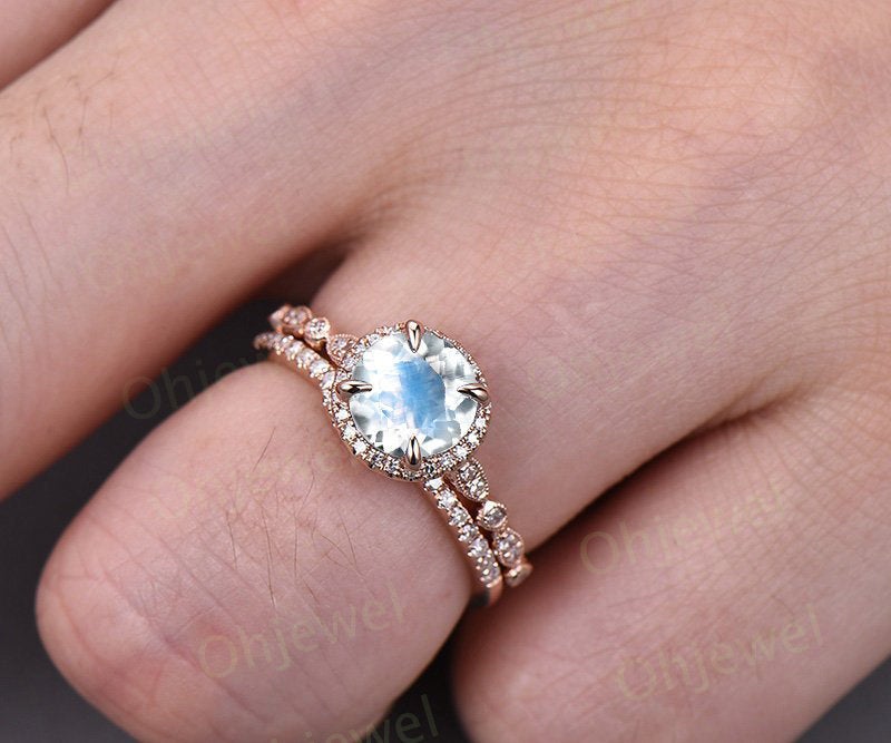 Moonstone engagement ring set rose gold 14K/18K moonstone ring gold set moissanite halo wedding ring band June birthstone ring promise ring