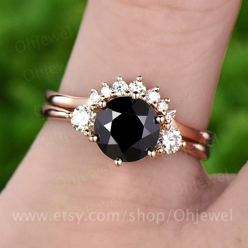 Natural black spinel engagement ring set rose gold 14K/18K black spinel ring gold Three stone engagement ring moissanite wedding ring