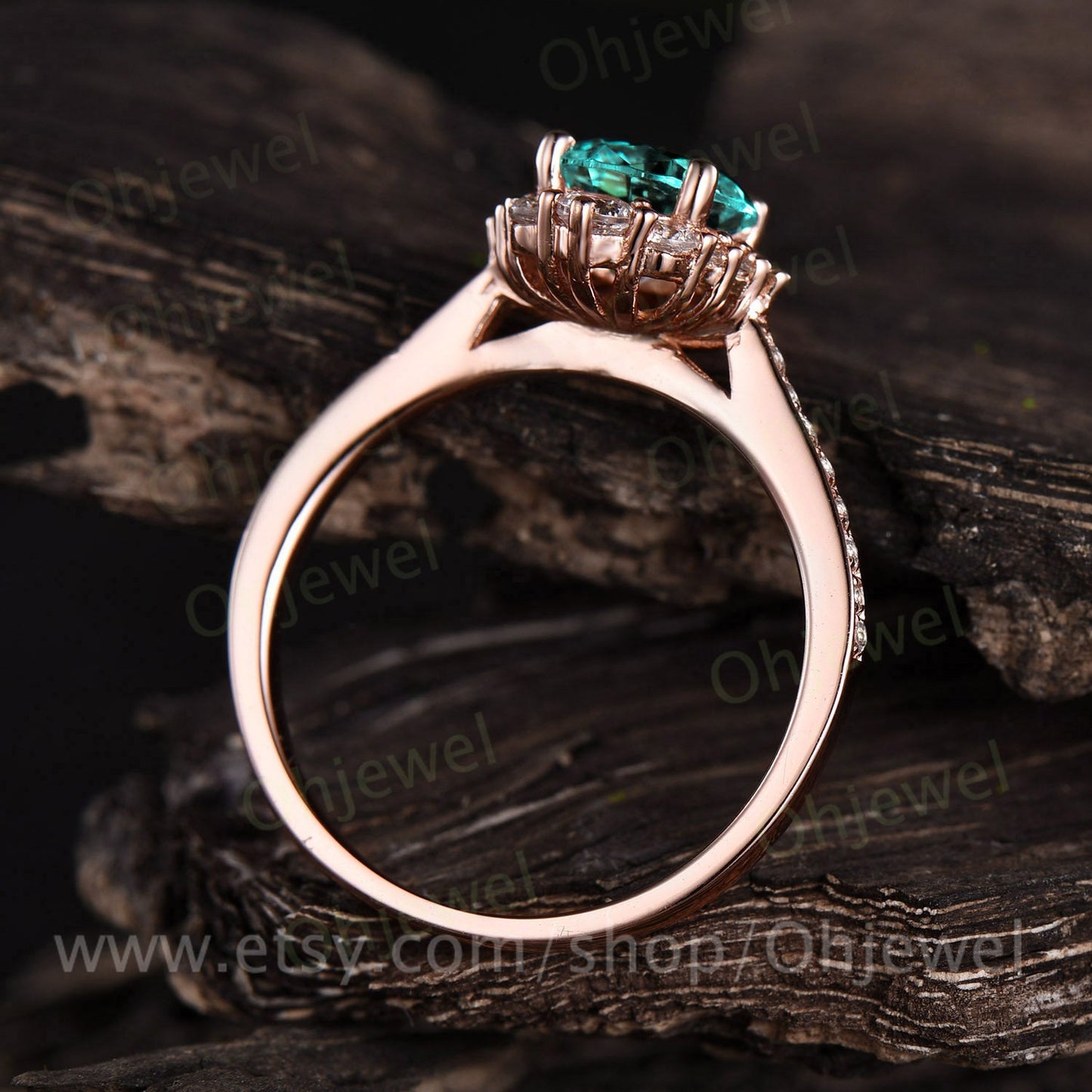 Green emerald engagement ring rose gold 14K/18K moissanite halo ring emerald ring vintage may birthstone unique wedding promise bridal ring