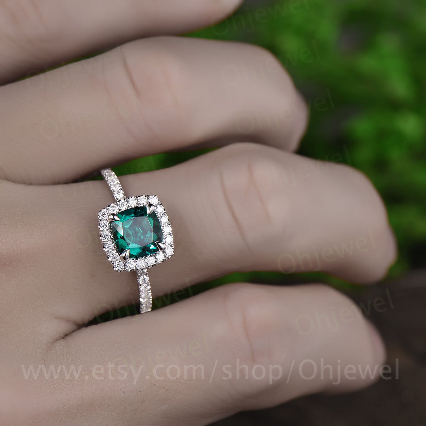 Cushion green emerald engagement ring white gold 14K/18K moissanite halo wedding ring band emerald ring vintage May birthstone promise ring