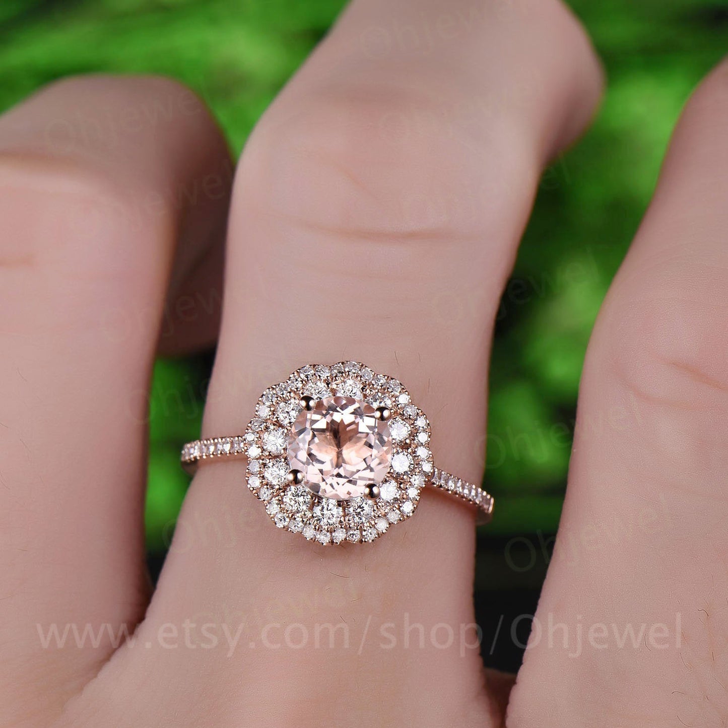 Round pink morganite ring morganite engagement ring rose gold 14K/18K moissanite double halo ring antique fine jewelry wedding bridal ring