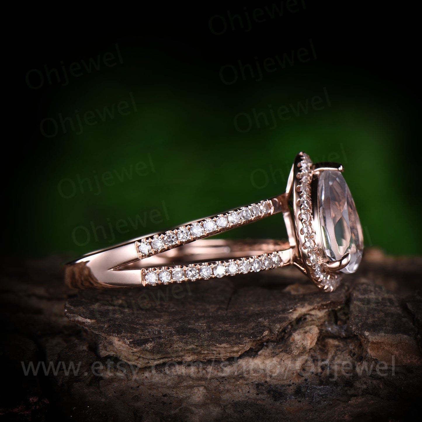6x9mm natural moonstone ring moonstone engagement ring rose gold 14K/18K diamond halo ring split shank vintage wedding promise bridal ring