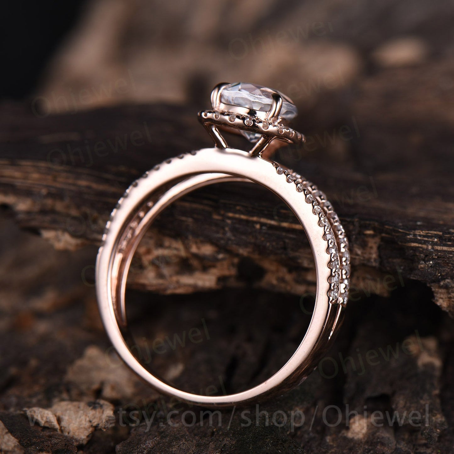 6x9mm natural moonstone ring moonstone engagement ring rose gold 14K/18K diamond halo ring split shank vintage wedding promise bridal ring