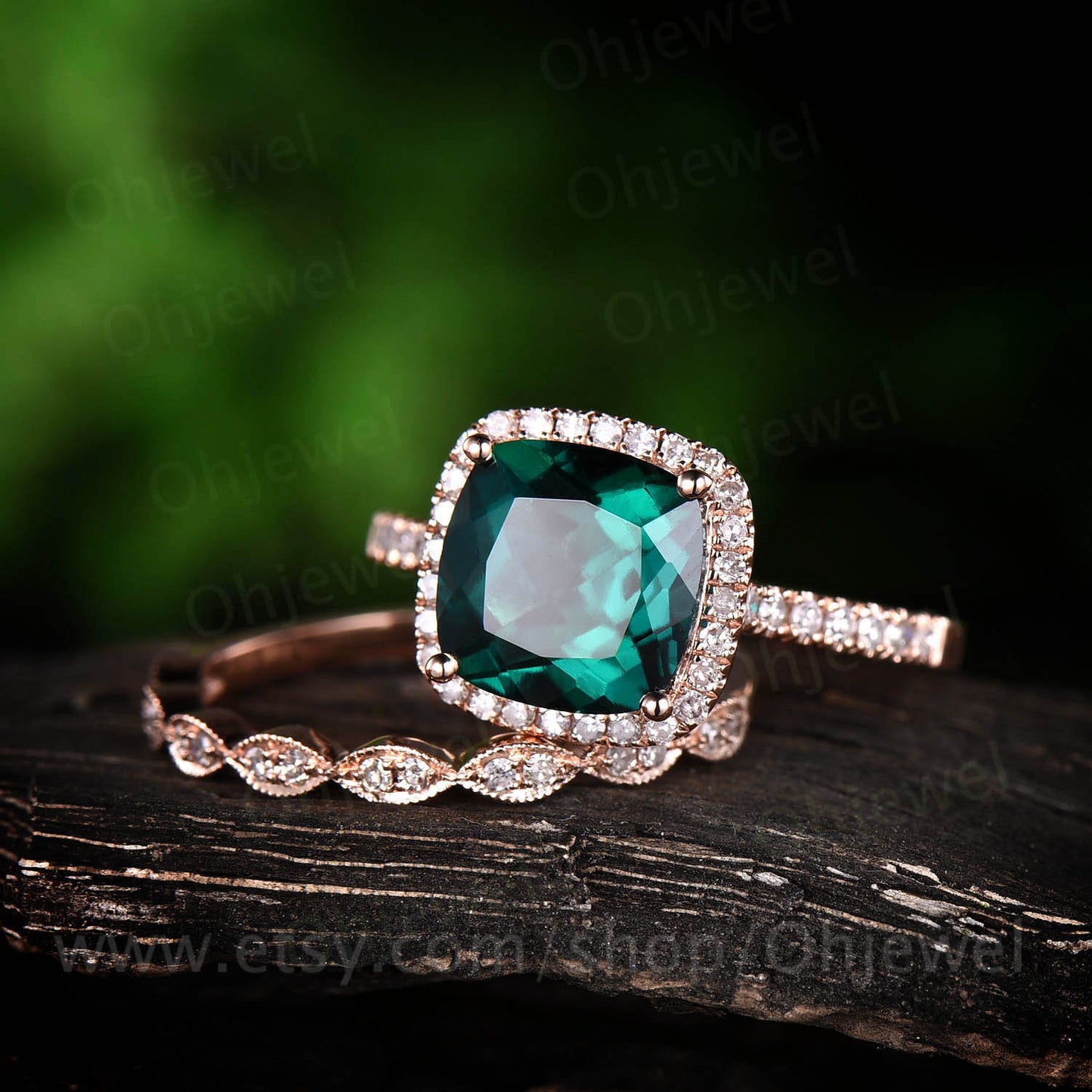 2.3ct green emerald engagement ring set rose gold 14K/18K emerald ring vintage diamond halo matching may birthstone wedding bridal ring set