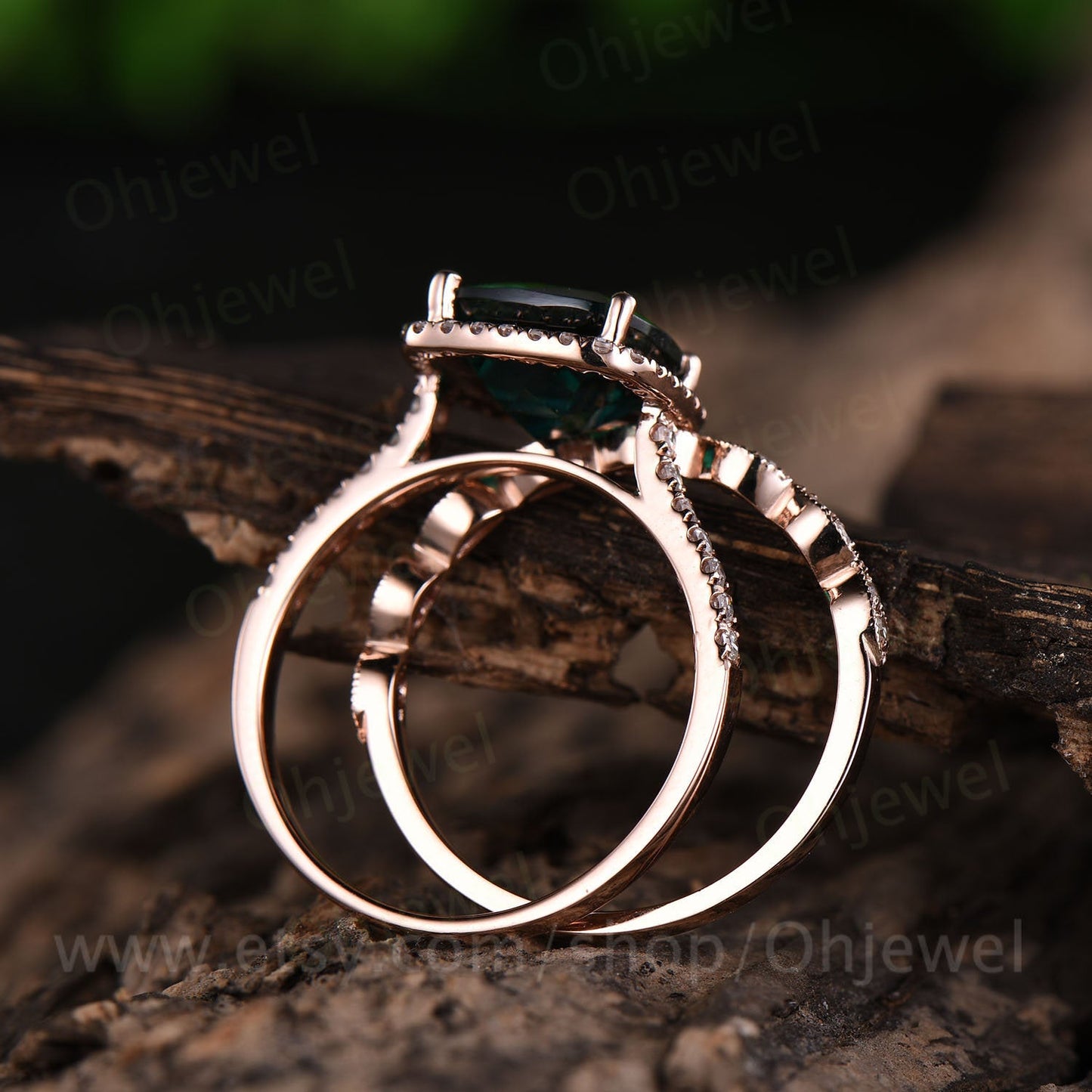 2.3ct green emerald engagement ring set rose gold 14K/18K emerald ring vintage diamond halo matching may birthstone wedding bridal ring set