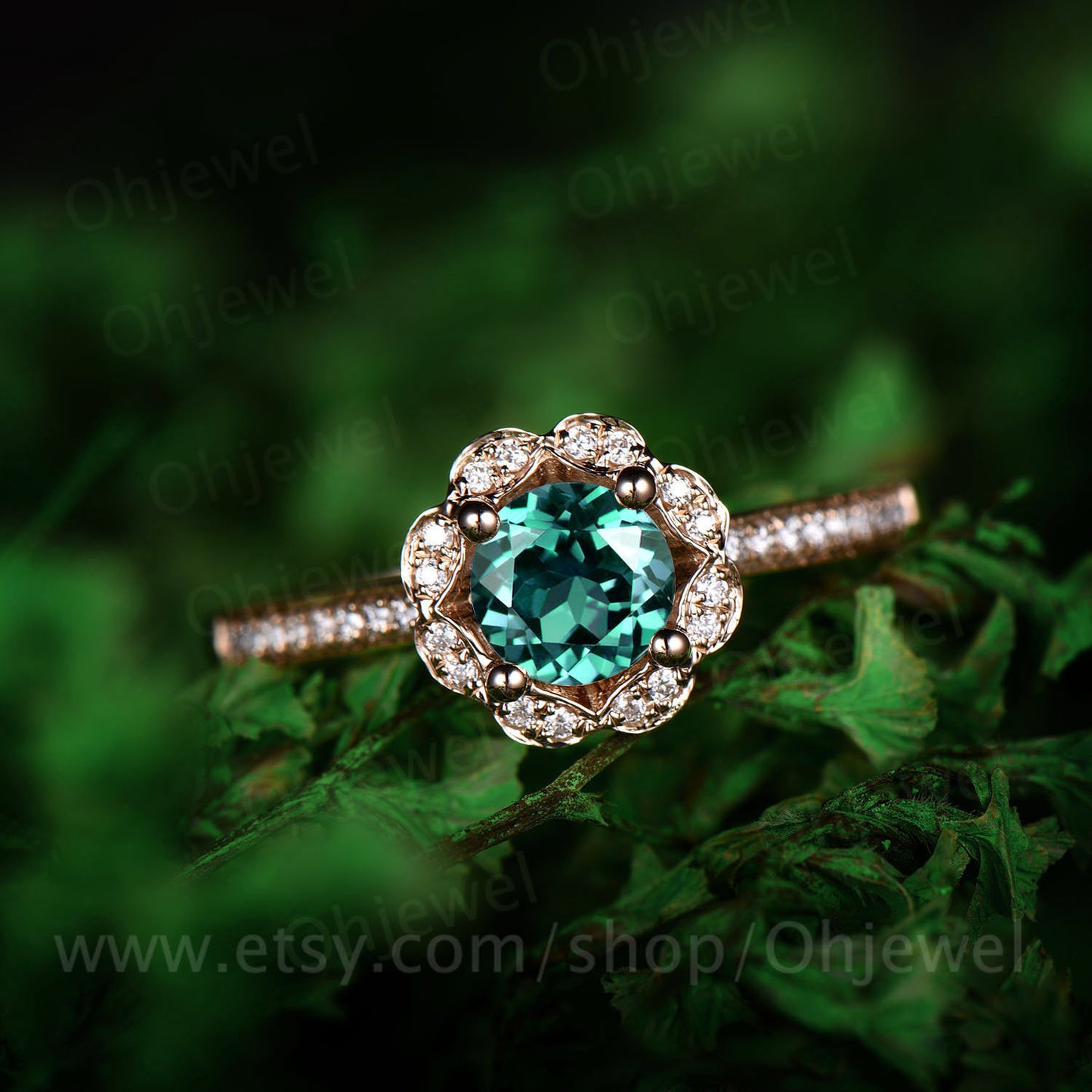 Flower green emerald engagement ring rose gold 14K/18K emerald ring vintage may birthstone halo diamond wedding unique promise bridal ring