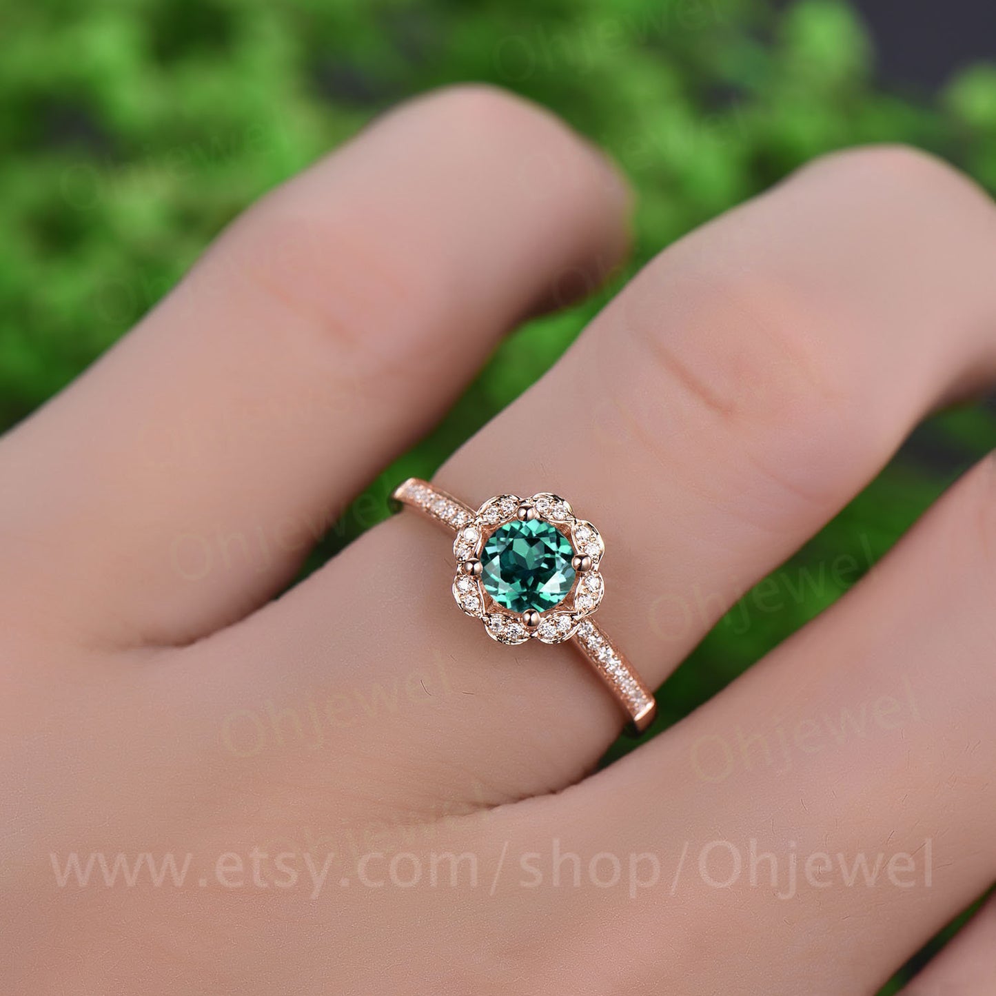 Flower green emerald engagement ring rose gold 14K/18K emerald ring vintage may birthstone halo diamond wedding unique promise bridal ring