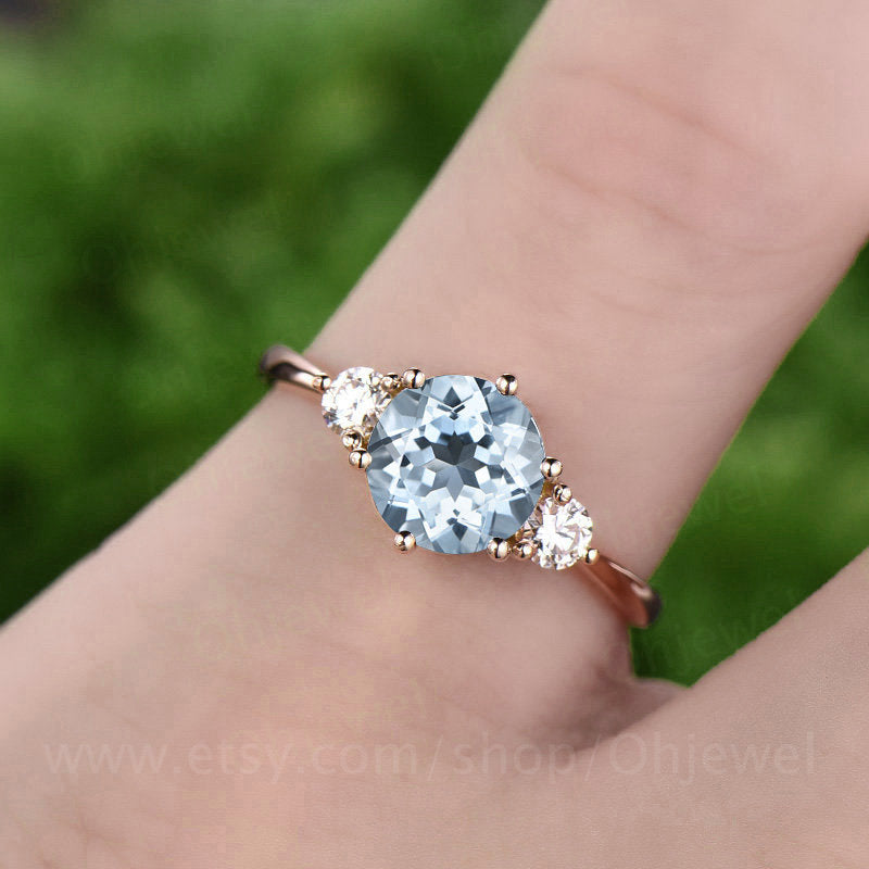 Three stone aquamarine engagement ring rose gold 14K/18K aquamarine ring gold March birthstone ring moissanite wedding ring promise ring