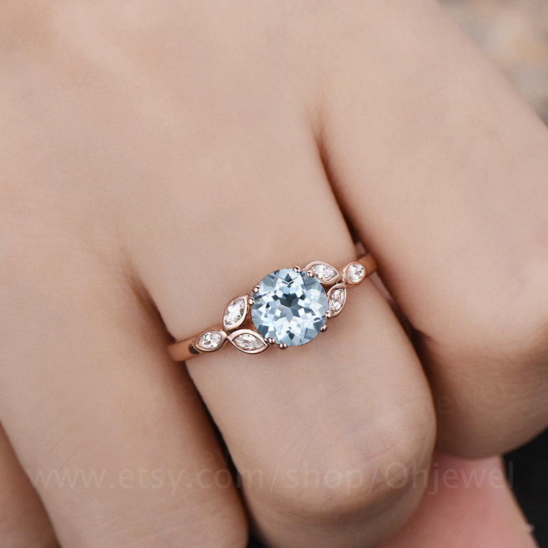 Aquamarine engagement ring rose gold 14K/18K moissanite wedding band aquamarine ring gold March birthstone ring flower marquise promise ring