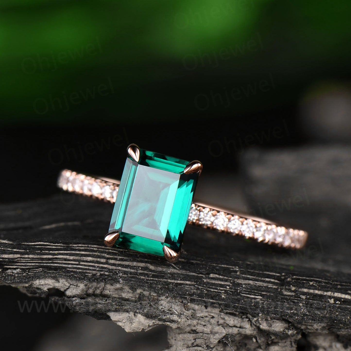 Emerald cut emerald ring for women vintage emerald engagement ring rose gold unique bridal ring half eternity diamond ring anniversary gift