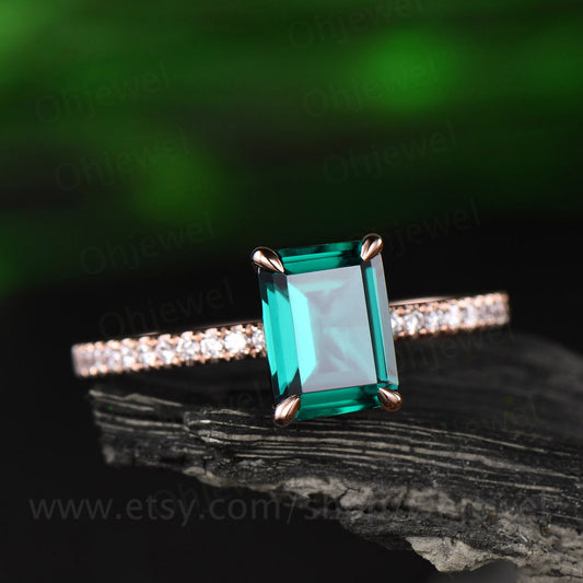 Emerald cut emerald ring for women vintage emerald engagement ring rose gold unique bridal ring half eternity diamond ring anniversary gift