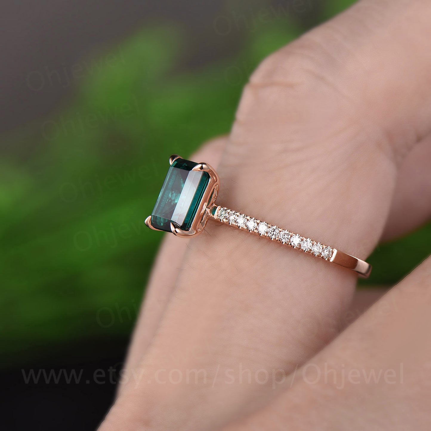 Emerald cut emerald ring for women vintage emerald engagement ring rose gold unique bridal ring half eternity diamond ring anniversary gift