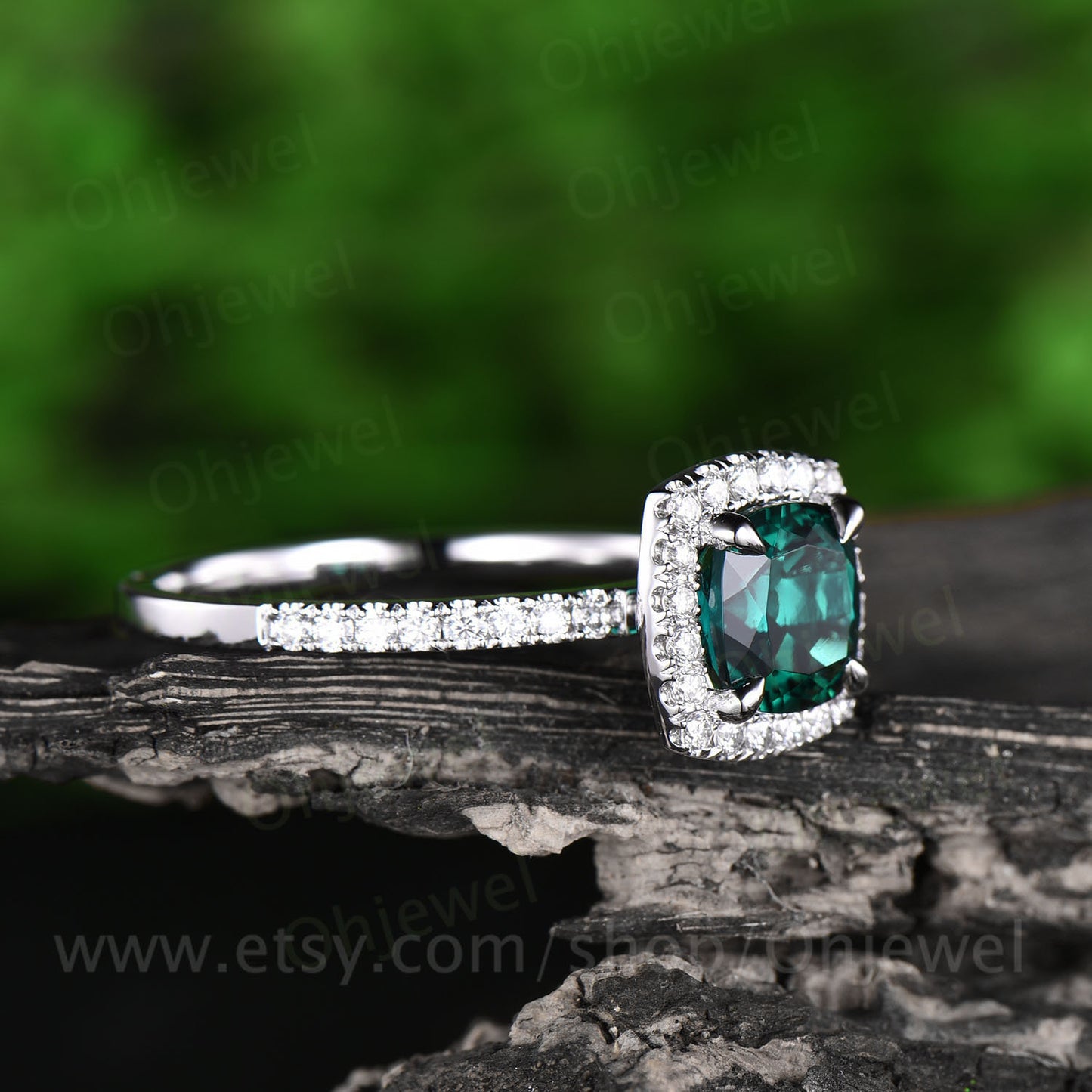 Cushion green emerald engagement ring white gold 14K/18K moissanite halo wedding ring band emerald ring vintage May birthstone promise ring