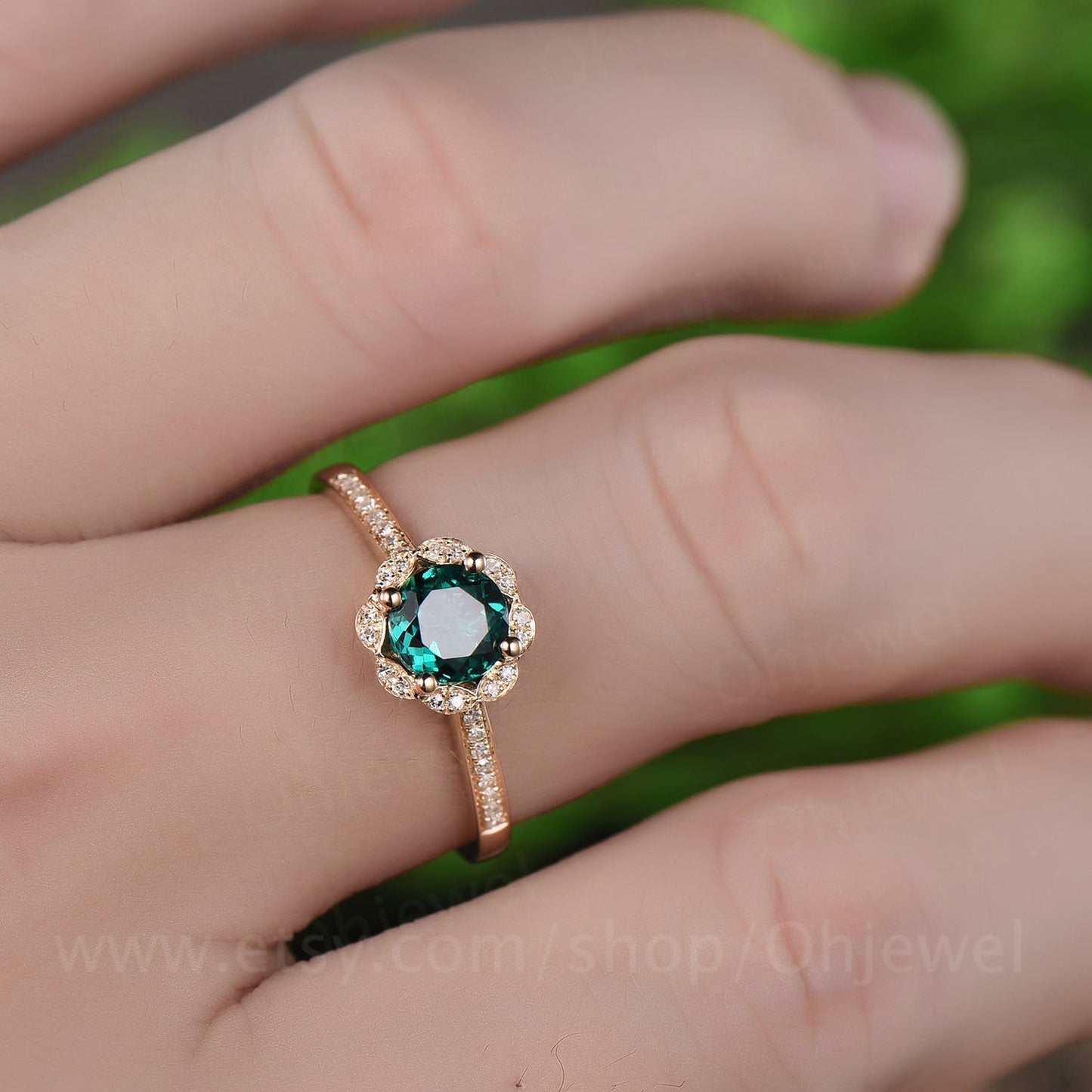 Flower green emerald engagement ring rose gold 14K/18K emerald ring vintage may birthstone halo diamond wedding unique promise bridal ring