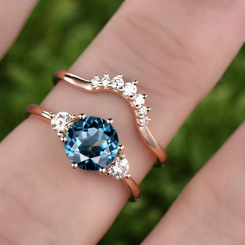 3pcs London blue topaz engagement ring set rose gold topaz bridal wedding set November birthstone ring halo moissanite curved ring set gift