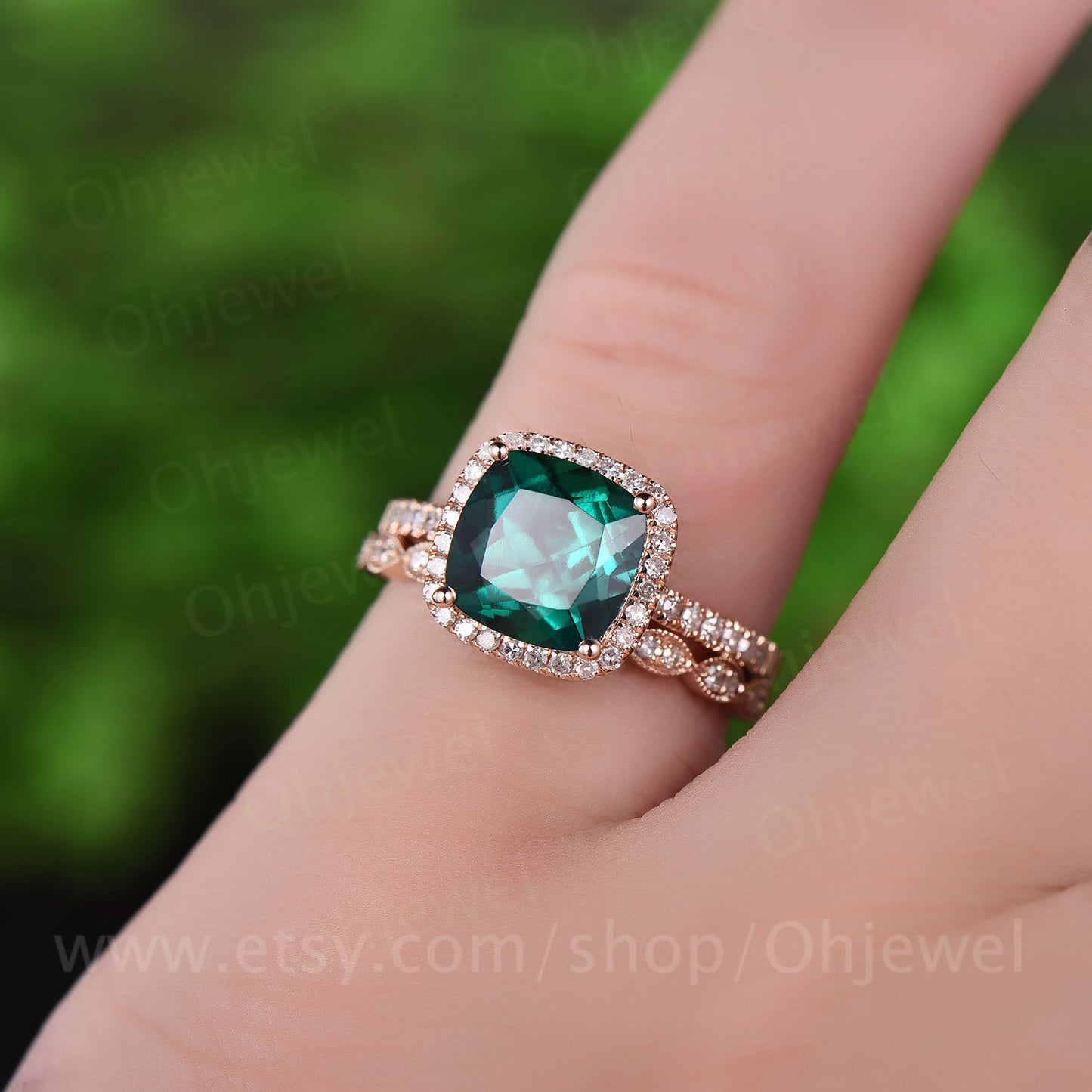2.3ct green emerald engagement ring set rose gold 14K/18K emerald ring vintage diamond halo matching may birthstone wedding bridal ring set
