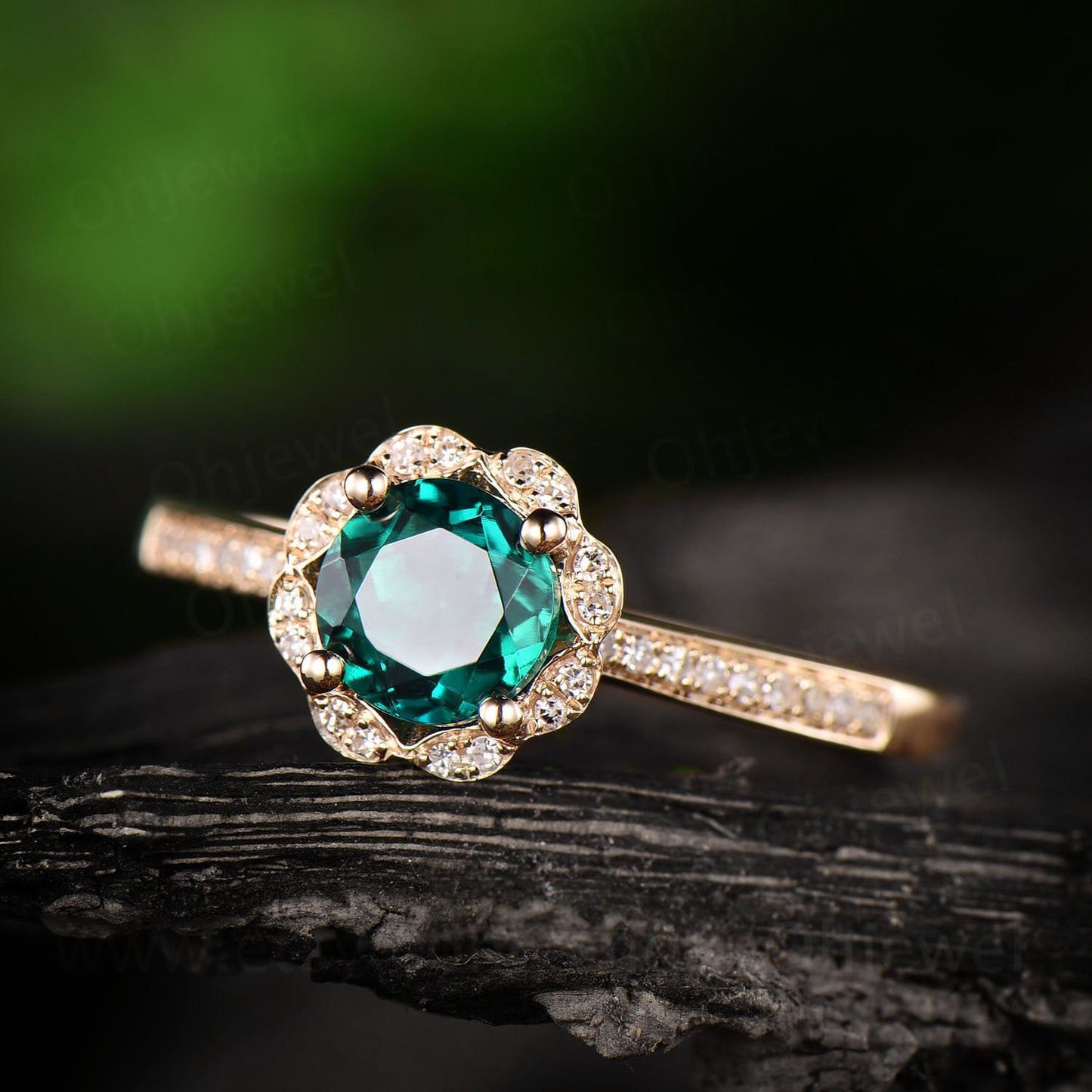 Flower green emerald engagement ring rose gold 14K/18K emerald ring vintage may birthstone halo diamond wedding unique promise bridal ring