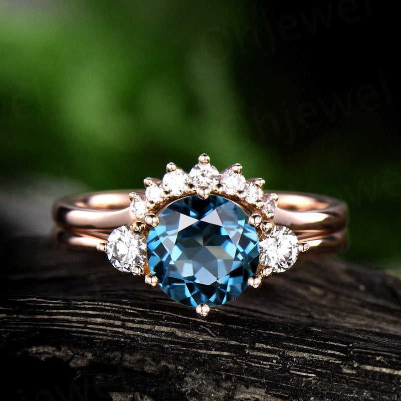 1pc Only the London blue topaz engagement ring rose gold 14K/18K Three stone topaz ring vintage November birthstone moissanite wedding ring