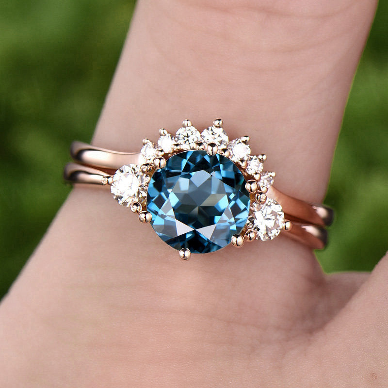 1pc Only the London blue topaz engagement ring rose gold 14K/18K Three stone topaz ring vintage November birthstone moissanite wedding ring