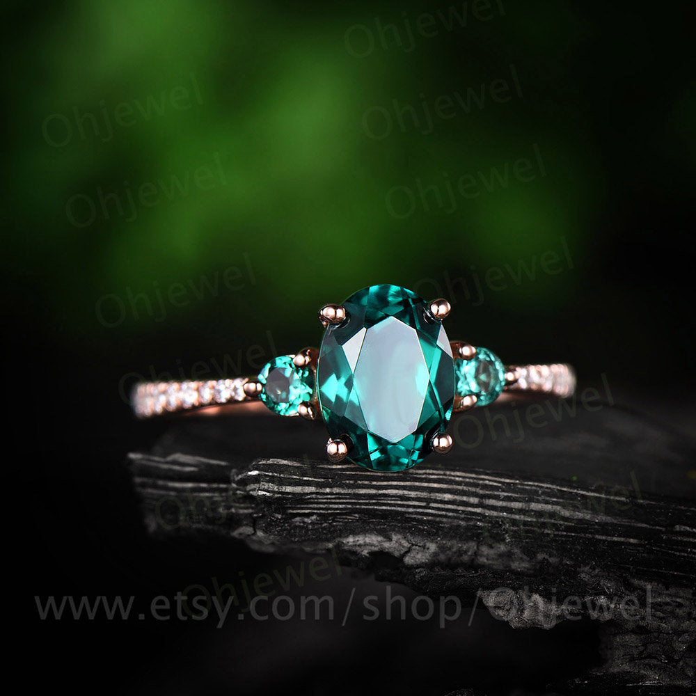 Three stone emerald engagement ring rose gold 14K/18K May birthstone ring 6x8mm oval emerald ring gold diamond wedding bridal promise ring