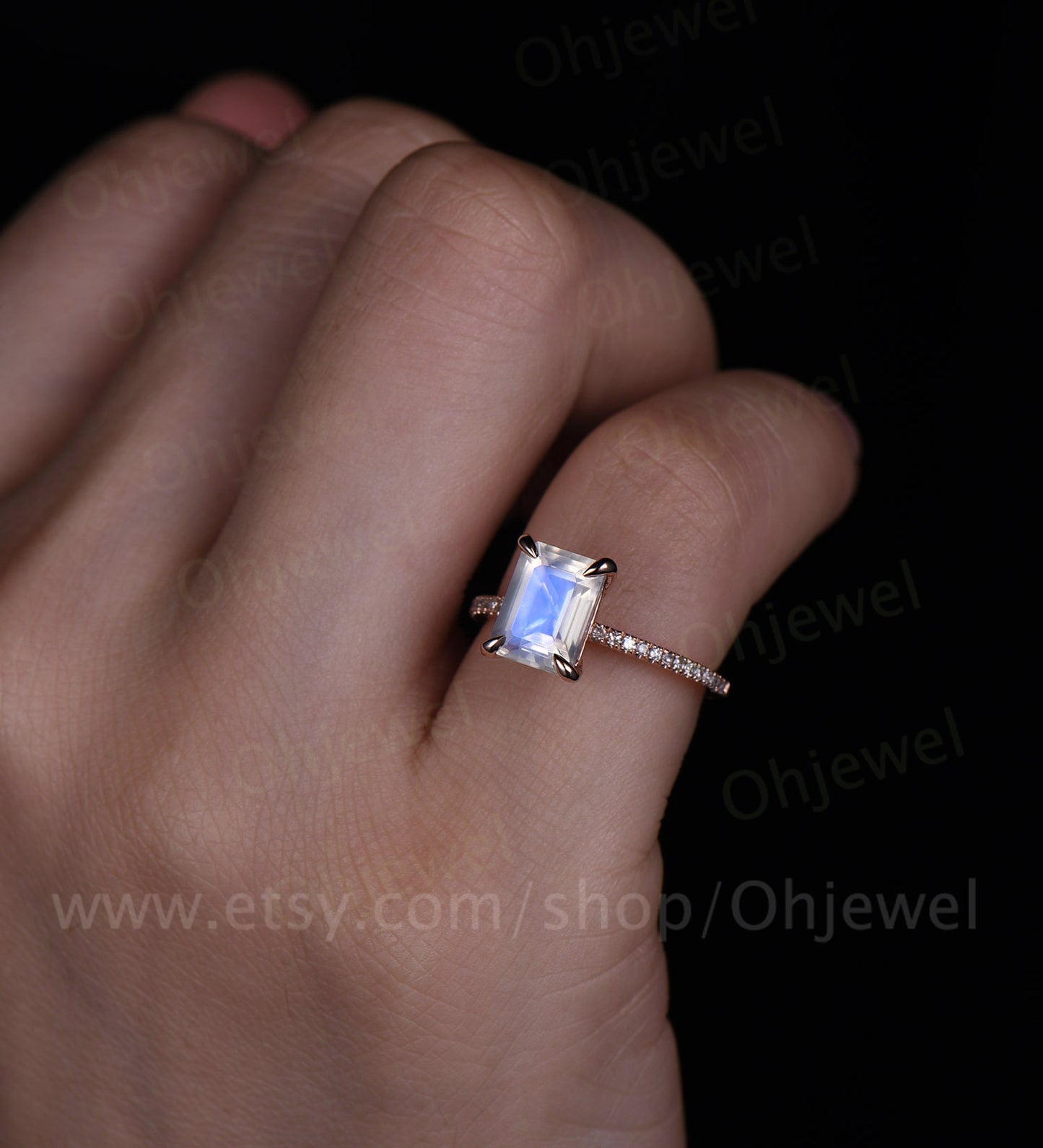 Emerald cut natural moonstone engagement ring vintage diamond ring rose gold half eternity wedding ring June birthstone ring jewelry gift