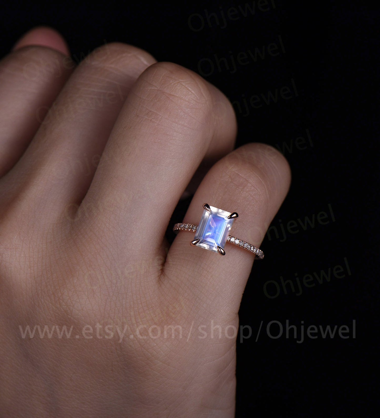 Emerald cut natural moonstone engagement ring vintage diamond ring rose gold half eternity wedding ring June birthstone ring jewelry gift
