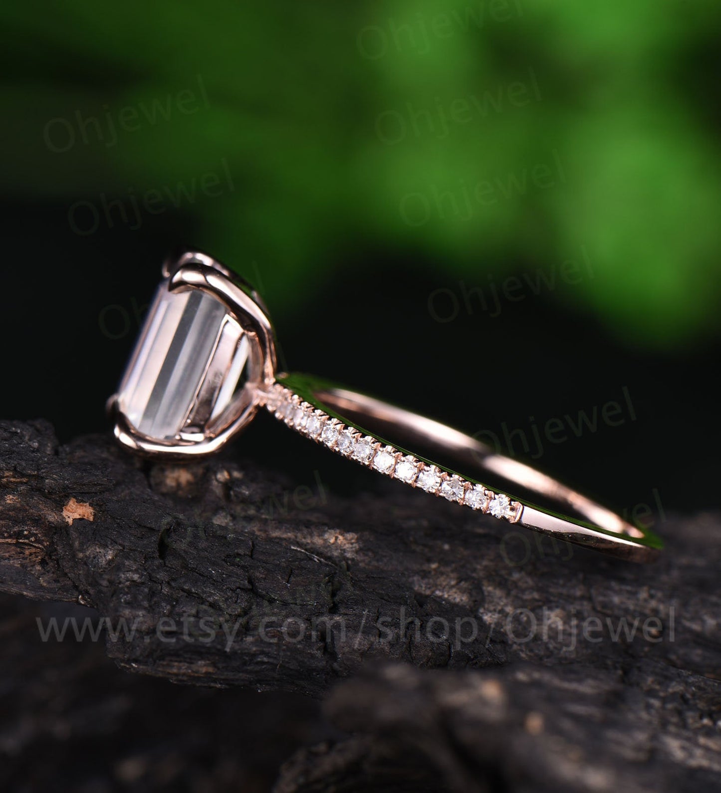 Emerald cut natural moonstone engagement ring vintage diamond ring rose gold half eternity wedding ring June birthstone ring jewelry gift