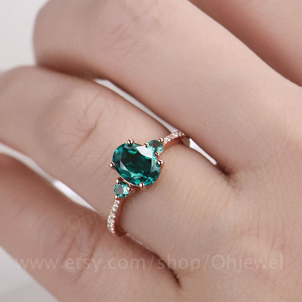 Three stone emerald engagement ring rose gold 14K/18K May birthstone ring 6x8mm oval emerald ring gold diamond wedding bridal promise ring