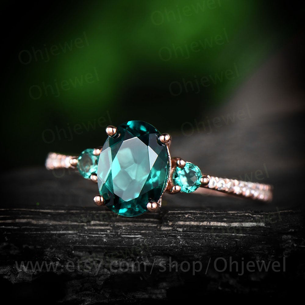 Three stone emerald engagement ring rose gold 14K/18K May birthstone ring 6x8mm oval emerald ring gold diamond wedding bridal promise ring