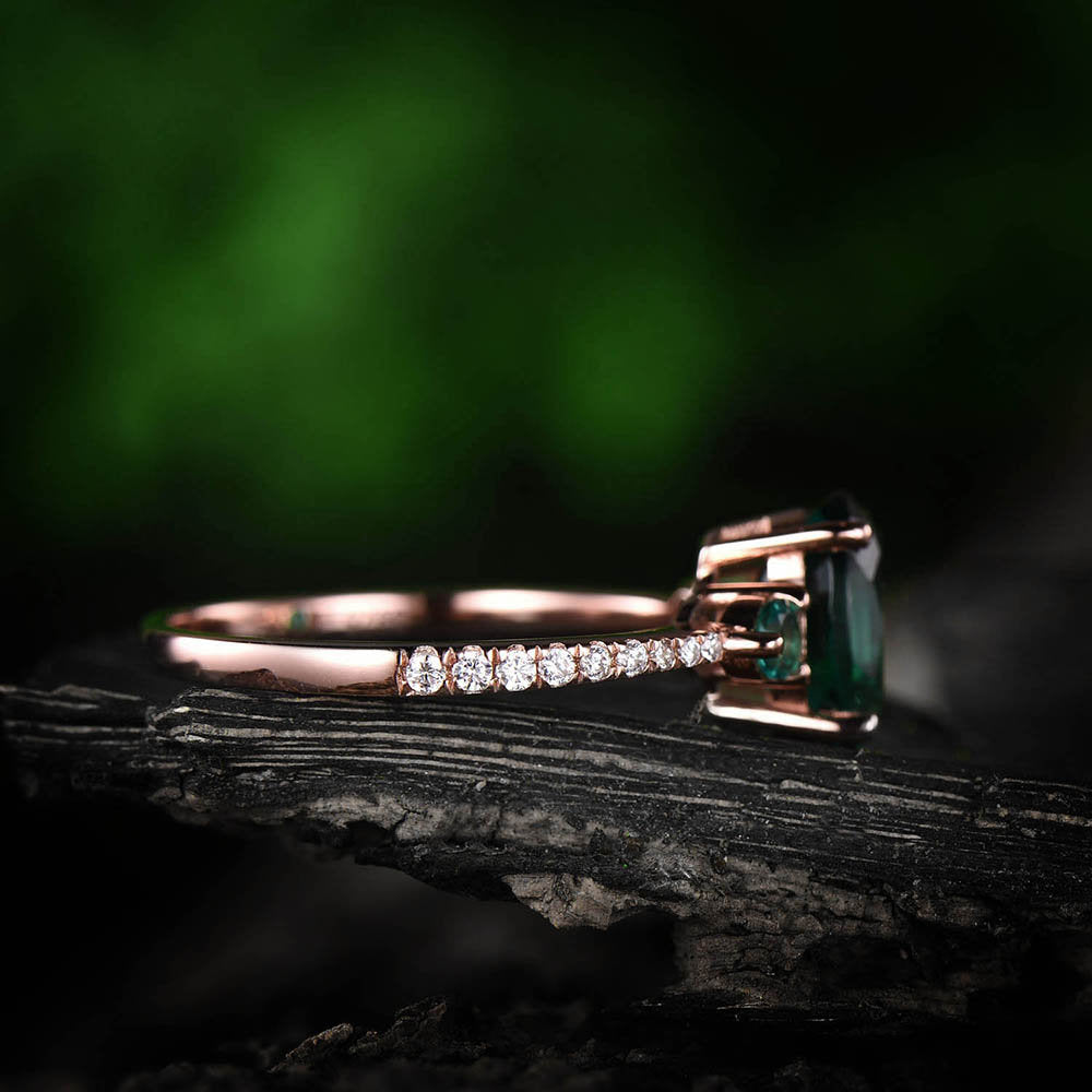 Three stone emerald engagement ring rose gold 14K/18K May birthstone ring 6x8mm oval emerald ring gold diamond wedding bridal promise ring