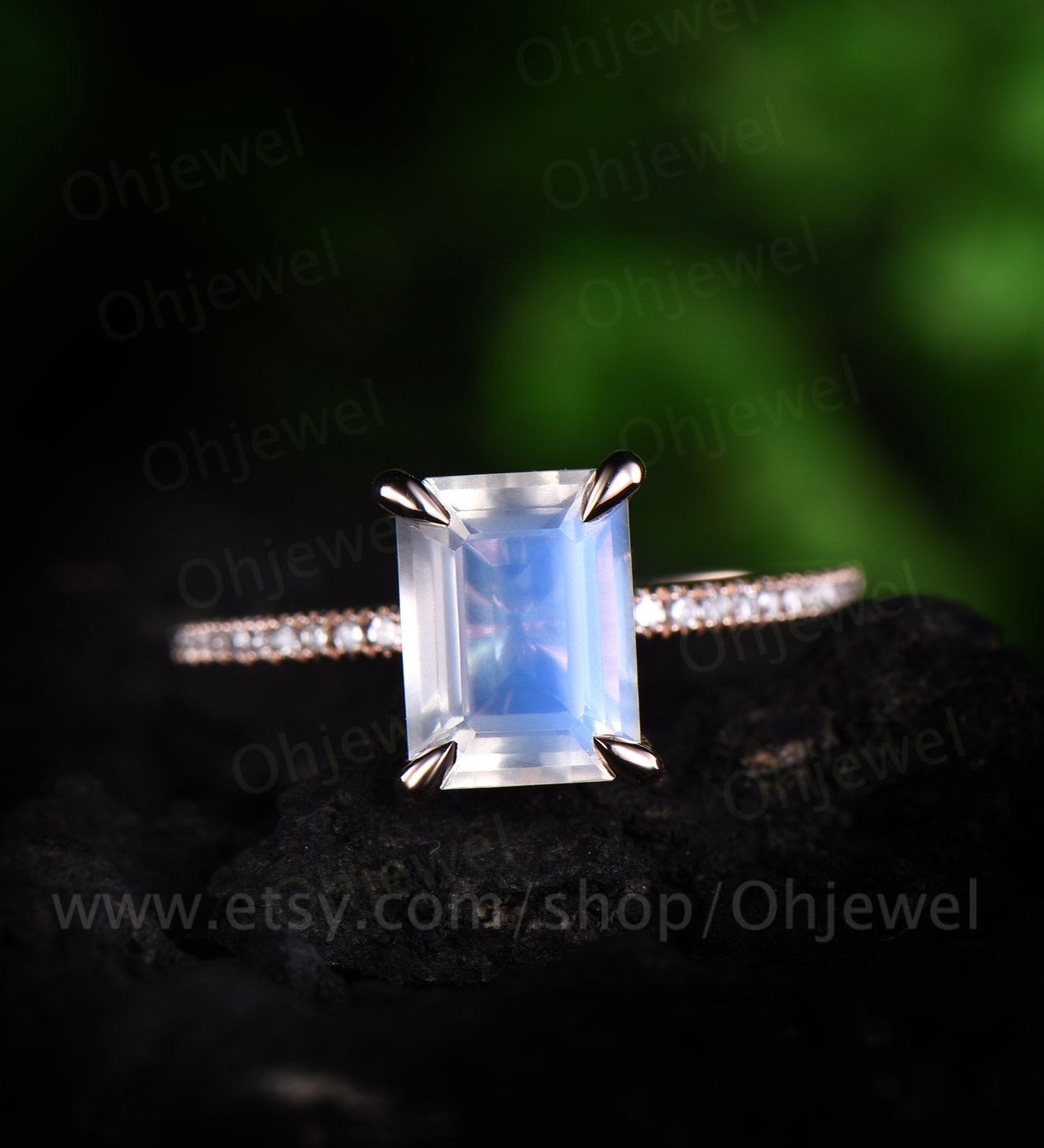 Emerald cut natural moonstone engagement ring vintage diamond ring rose gold half eternity wedding ring June birthstone ring jewelry gift