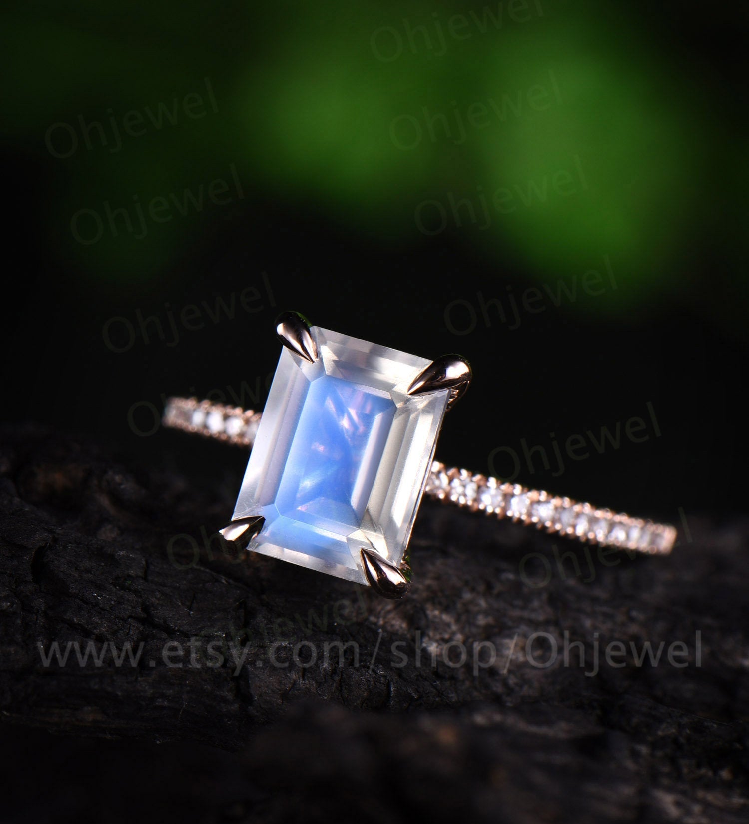 Emerald cut natural moonstone engagement ring vintage diamond ring rose gold half eternity wedding ring June birthstone ring jewelry gift