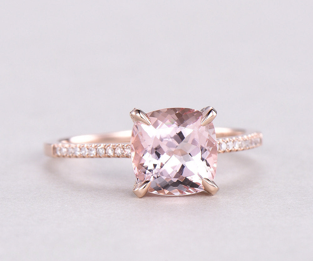 Cushion cut morganite ring natural pink morganite engagement ring rose gold diamond under basket halo ring