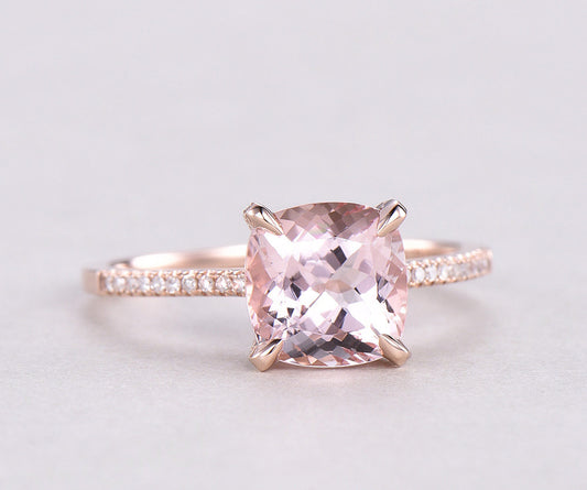 Cushion cut morganite ring  natural pink morganite engagement ring rose gold diamond under basket halo ring
