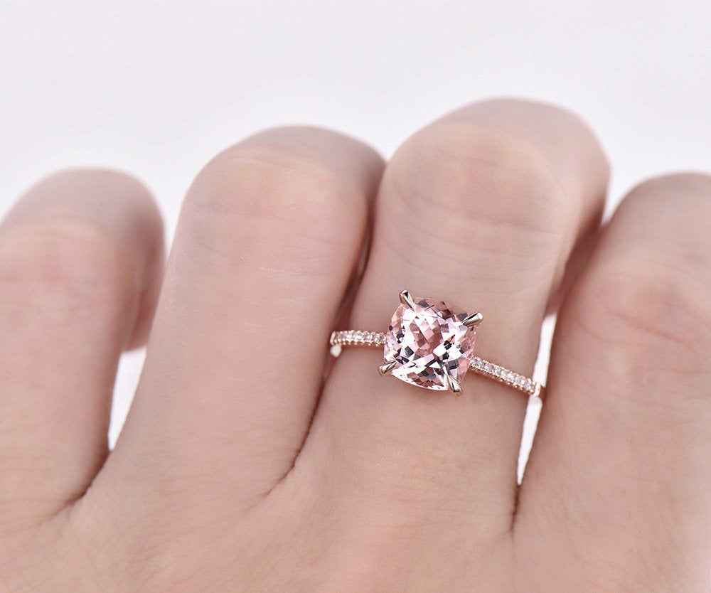 Cushion cut morganite ring natural pink morganite engagement ring rose gold diamond under basket halo ring