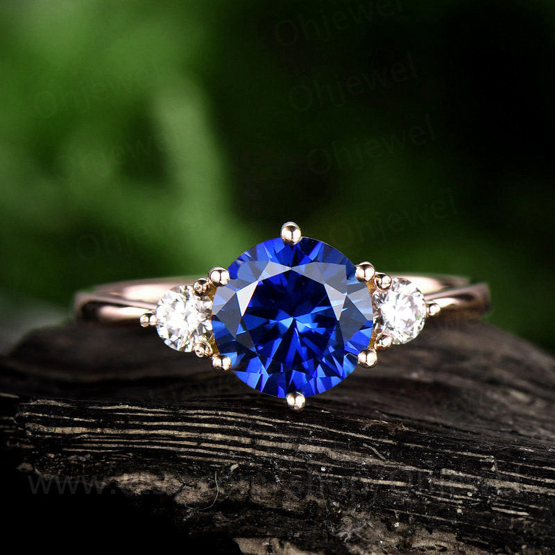 Three stone moissanite ring round blue sapphire engagement ring rose gold 10k/14K/18K sapphire ring vintage wedding bridal ring jewelry gift