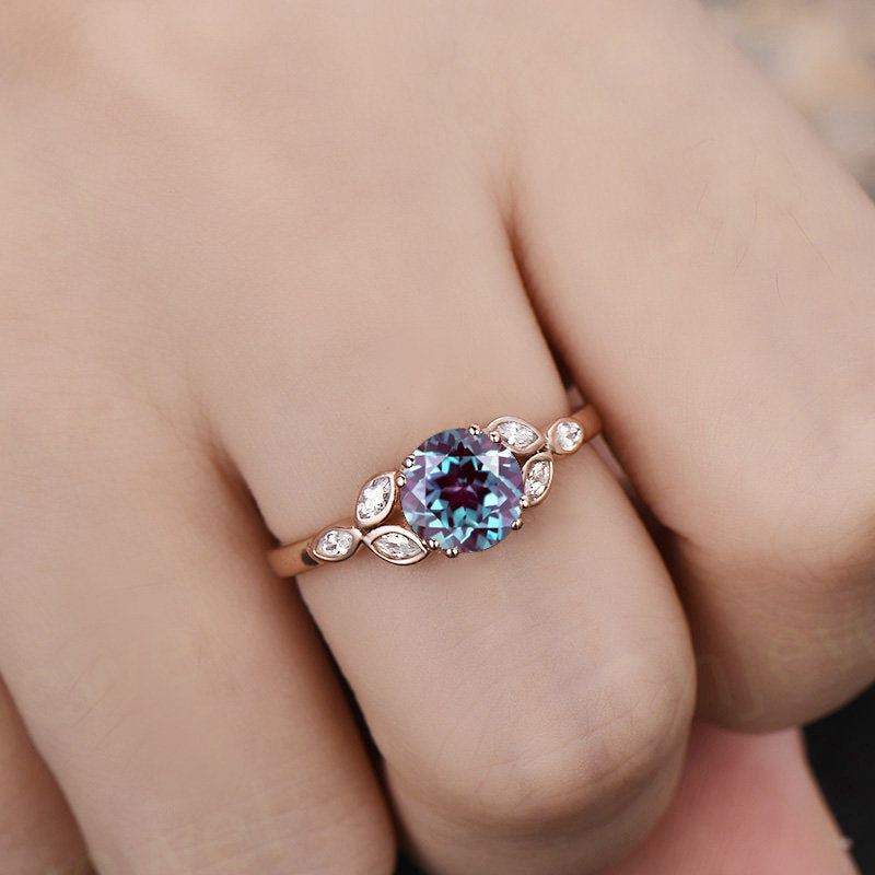 Art deco flower moissanite ring color change alexandrite engagement ring yellow gold 1ct alexandrite ring yellow gold June birthstone ring