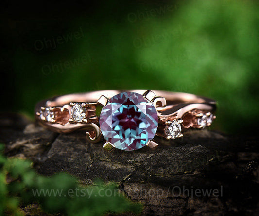 Antique diamond ring color change alexandrite engagement ring rose gold alexandrite ring gold vintage unique wedding ring band promise ring