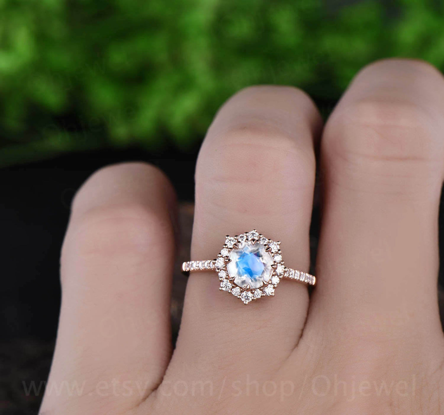 1ct moonstone engagement ring rose gold 14K/18k natural moonstone ring gold vintage June birthstone cluster halo moissanite wedding ring