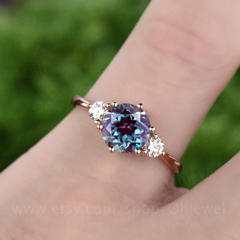 Three stone moissanite ring vintage alexandrite engagement ring white gold ring women June birthstone ring anniversary wedding ring gift