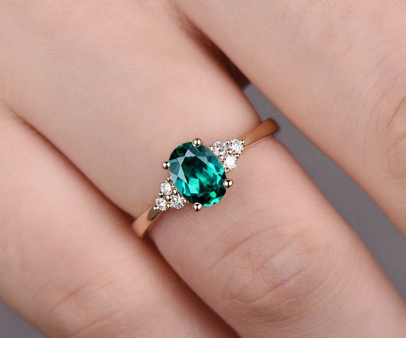 Rose gold ring vintage emerald engagement ring oval cut 6x8mm emerald ring gold unique moissanite ring May birthstone ring anniversary gift
