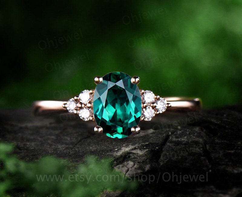 Rose gold ring vintage emerald engagement ring oval cut 6x8mm emerald ring gold unique moissanite ring May birthstone ring anniversary gift